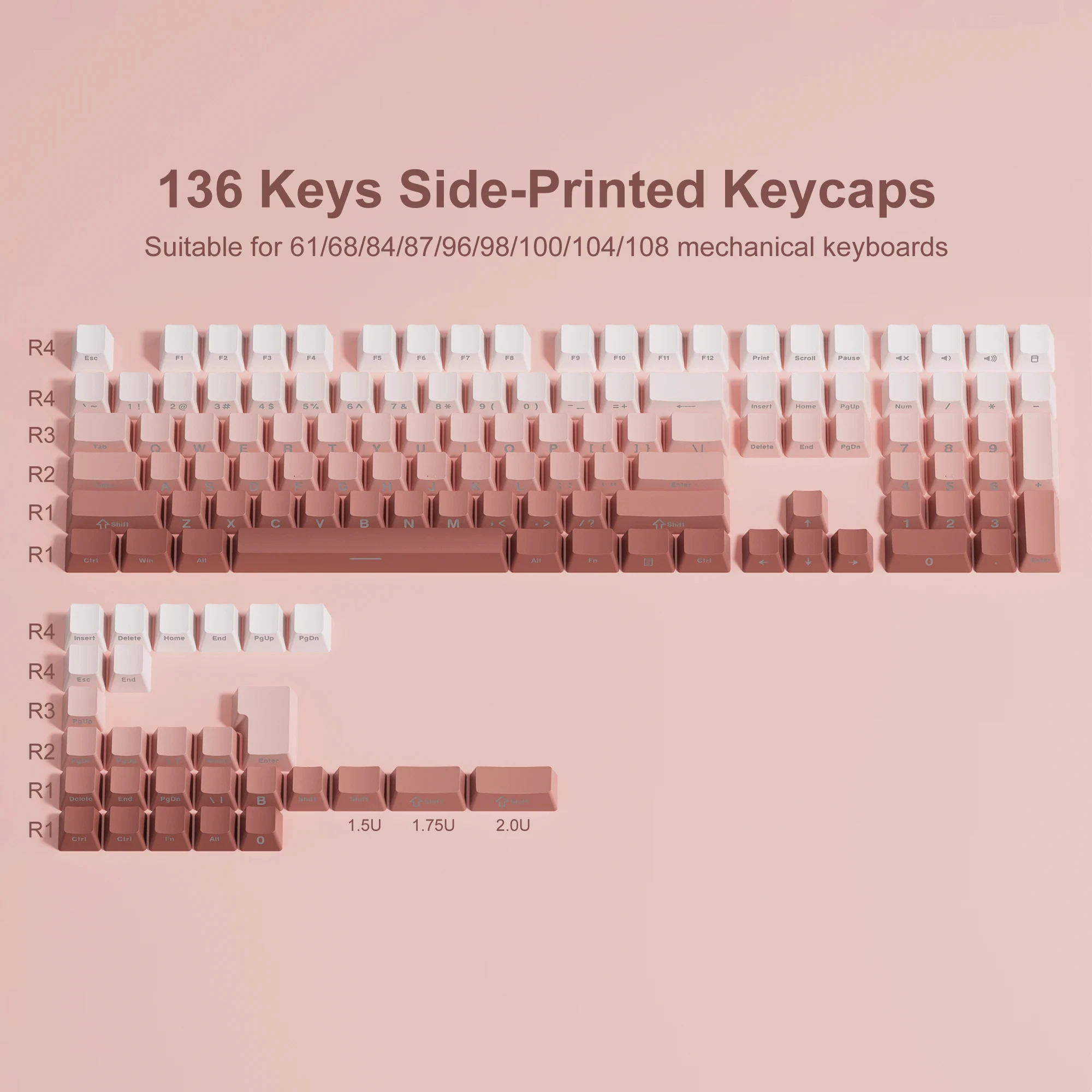 

Pink Gradient PBT Side Print Keycaps Double Shot Shine Through Keycaps Cherry Profile 136 Keys for Cherry MX Switches Keyboards