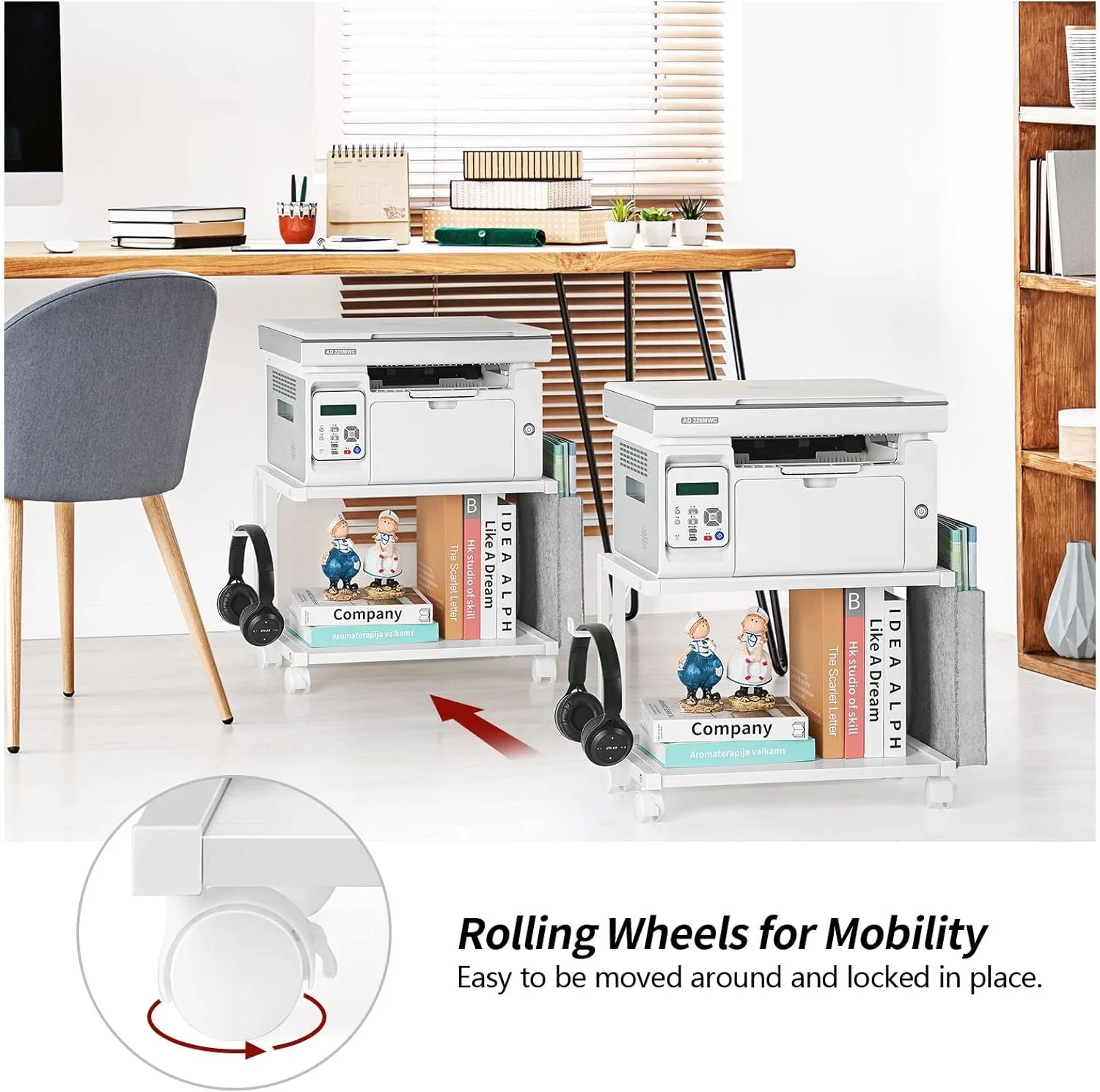 Printer Stand Under Desk Printer Table with Wheels 2 Tier Small Cart with Storage Bag Desktop White Stands