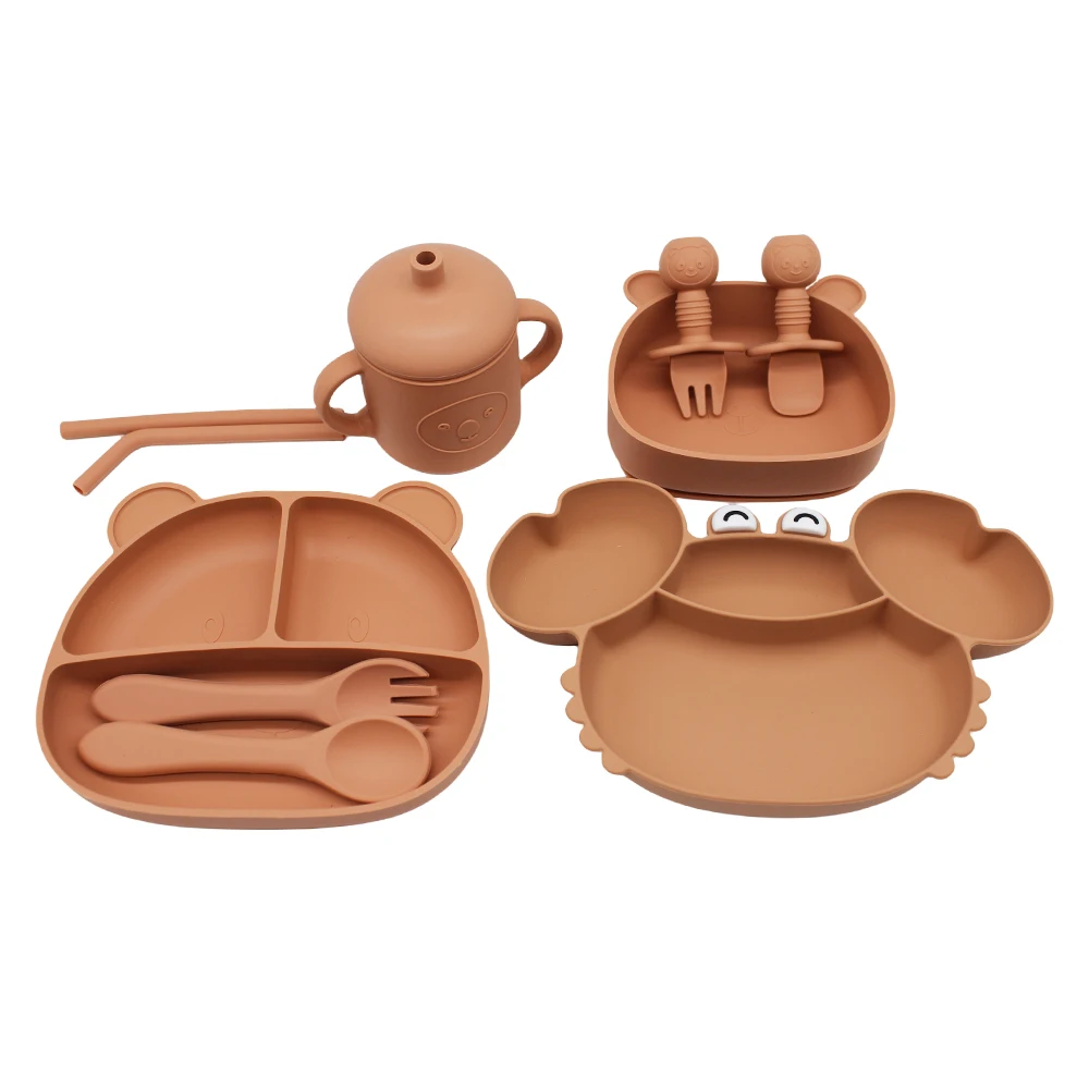 Children's Dinner Plate Bear Compartment Plate Bear Bowl Learning Cup with Suction Cup Autonomous Feeding Training Bowl and Plat