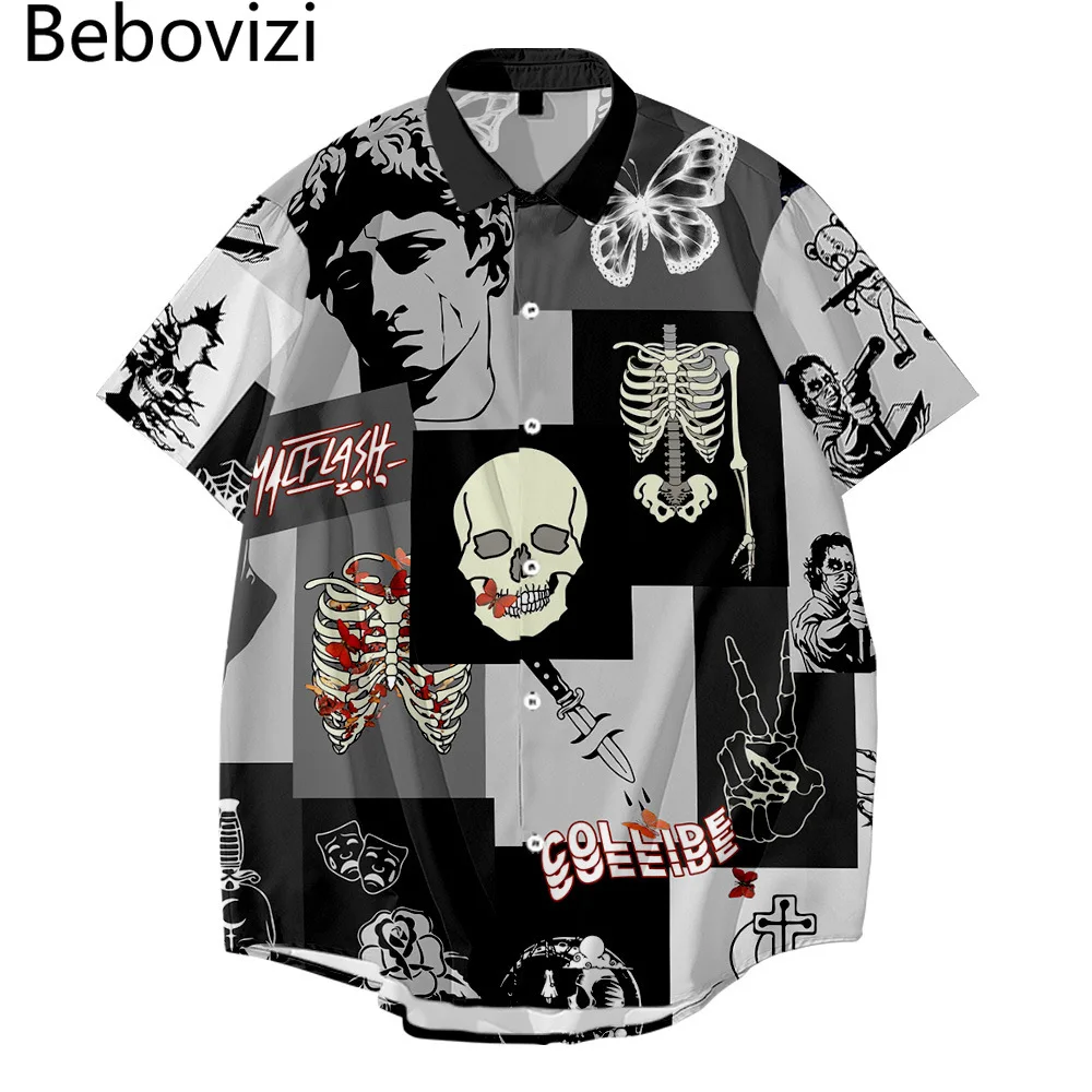 

Fashion Skeleton Print Short Sleeve Beach Shirts Men Summer Casual Short Sleeve Hip Hop Shirt Tops Streetwear Button Up Shirt