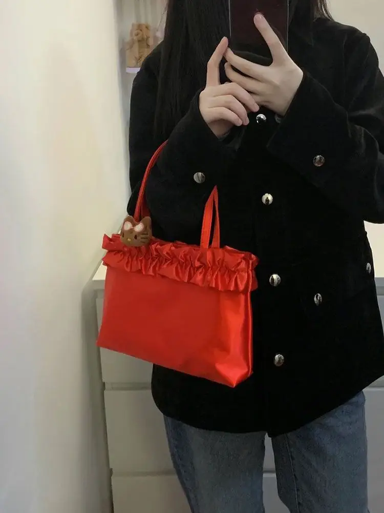 French Red  Ruched Lace Underarm Bag Large Capacity Handbag Tote Bags Women Commute Shoulder Bag