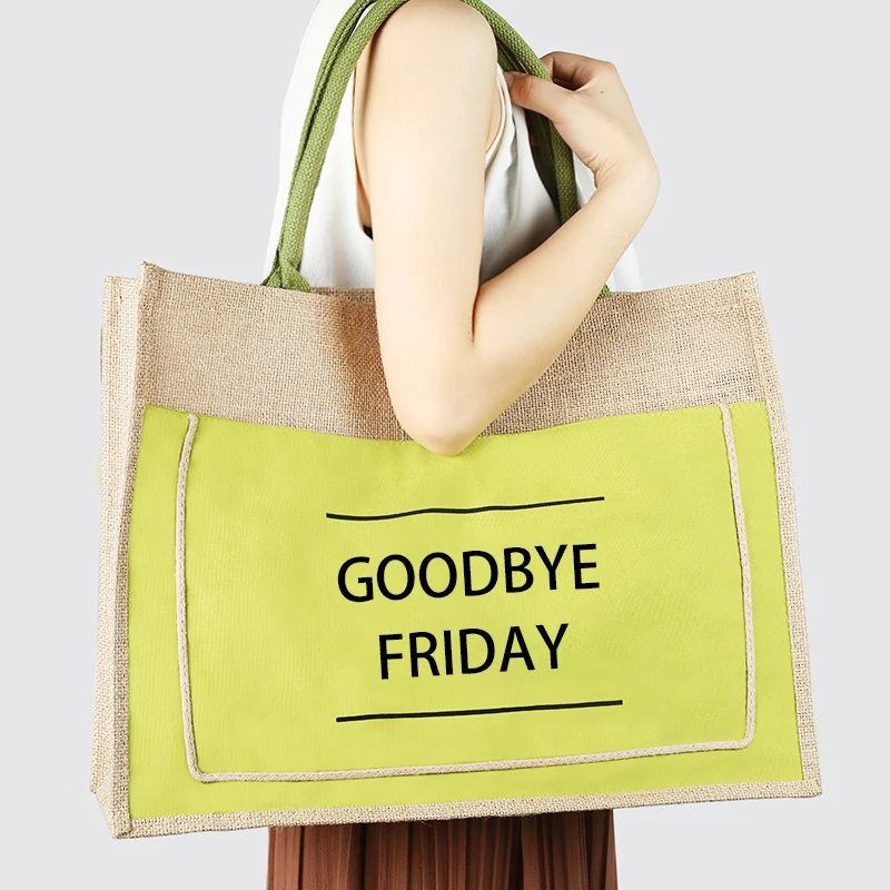 DINYAO Jute Cotton Fabric Splicing Handbags Fashion Eco-Friendly Shopping Bags Large Capacity Simple Printed Letter Tote bag 3