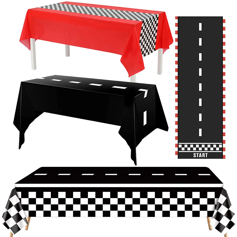 Checkered Race Car Party Black White Checkered Flag Tablecloth Road