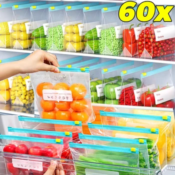 Sacs alimentaires réutilisables pour réfrigérateur, 60/10 pièces, sac à fermeture éclair frais, conteneurs de fruits et légumes, pochette de rangement transparente scellée pour aliments 1