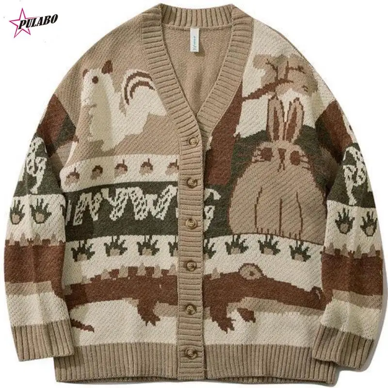 

PULABO Vintage Cardigan Oversized Sweater Japanese Harajuku Cartoon Knitted Sweater Pullover Hip Hop Streetwear Loose Knitwear