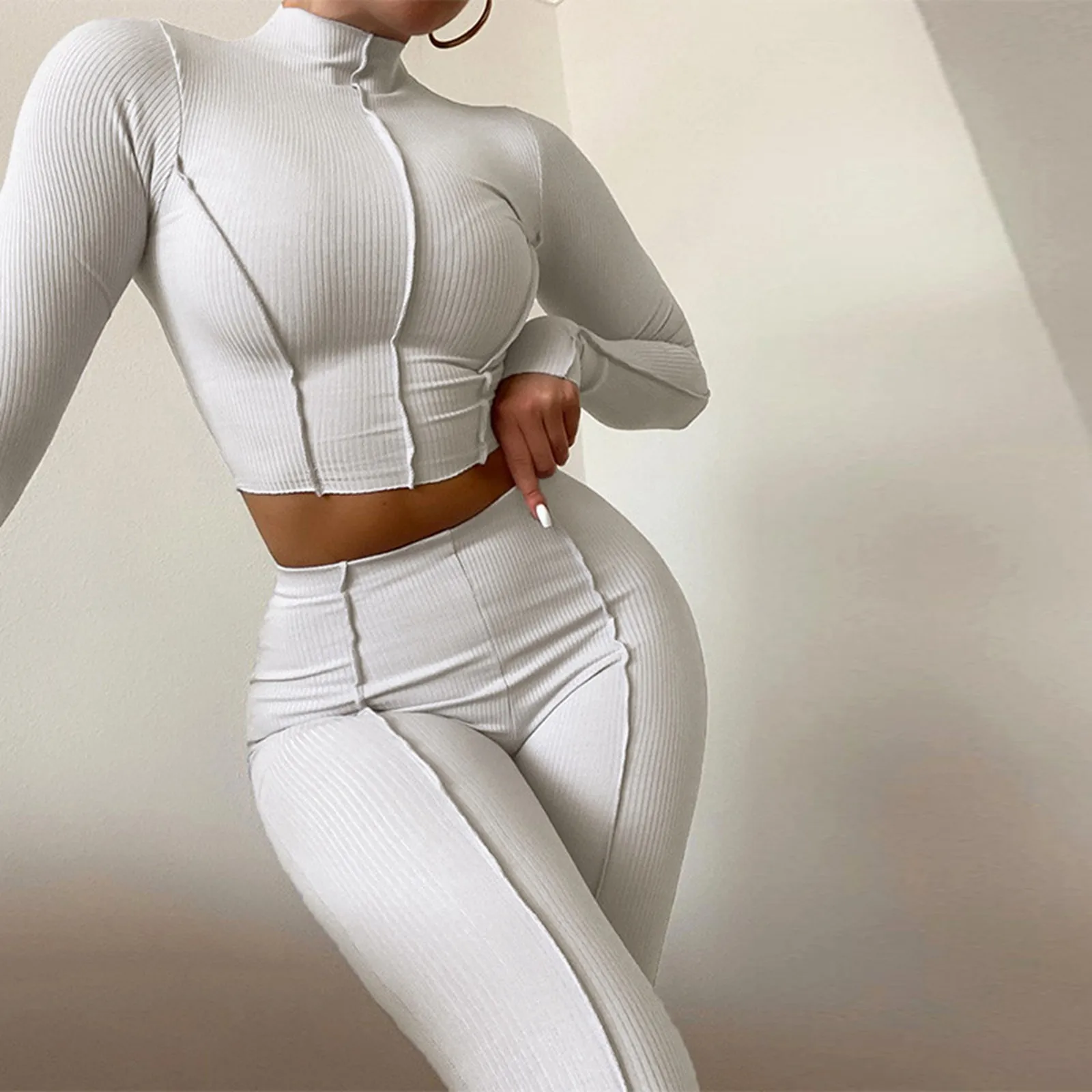 2023 Contrast Stitch Backless Bodycon Jumpsuit Sports Two Piece Set Outfits 2023 White Skinny Bodycon Womens Streetwear Clothes autumn winter warm back zipper stand up collar pit stripe jumpsuit women solid color casual sports rompers stretch pencil pants