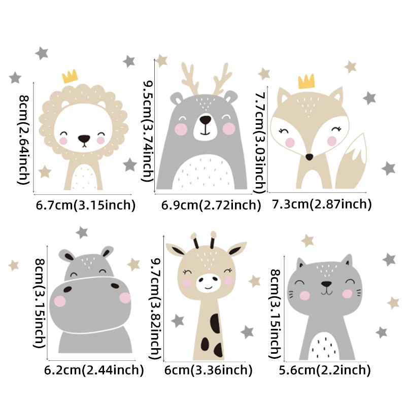 Description Picture 4 of item6pcs/set Boho Color Cute Smile Cartoon Animals Switch Stickers for Wall Kids Room Baby Nursery Room Wall Decals Stars Home Decor
