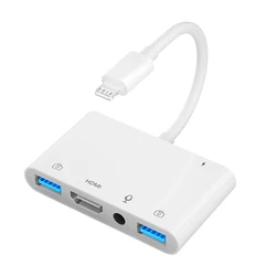 Premium Lightning to HDMI Adapter with Dual USB and Microphone Input for Live - Streaming and More (White)