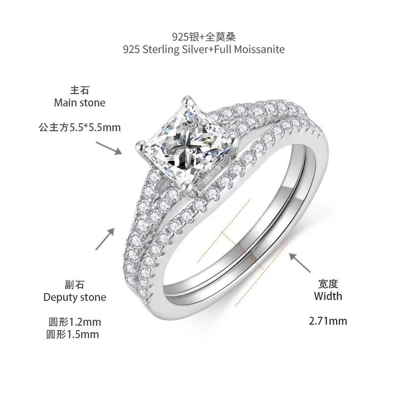 1 Ct Princess Cut All Moissanite Engagement Ring Set For Women 925 Sterling Silver Pave Wedding Bands 3