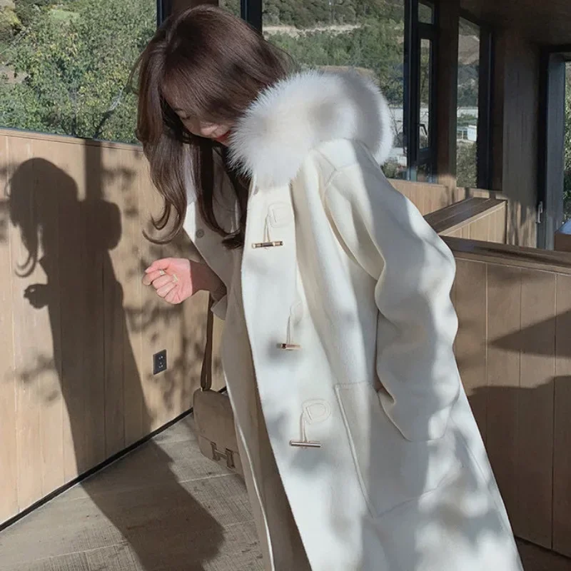 Winter Fashion Cause Hooded Fox Fur Horn Button Woolen Coat Women Temperament Loose Commute Solid Color All-Match Wool Outwear