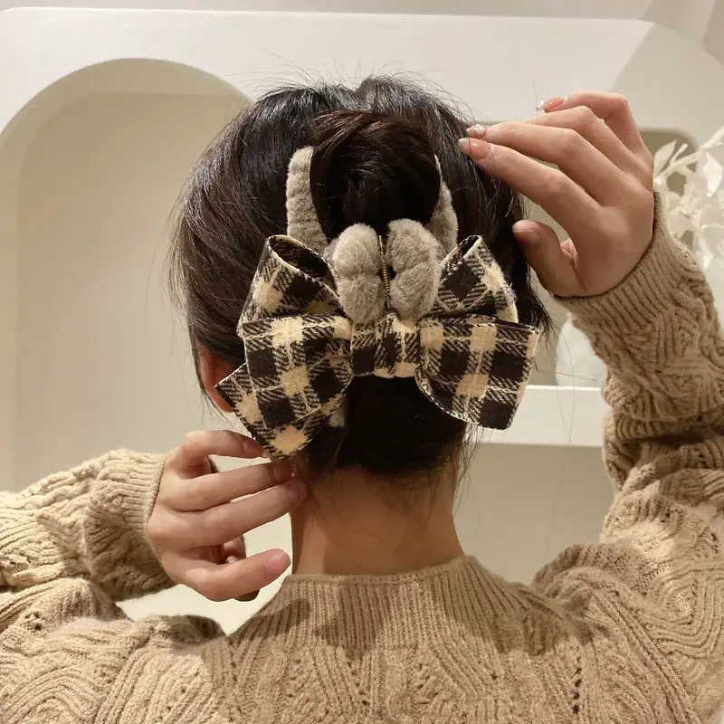 1pc Herbst/Winter Plüsch Greif Clip Südkorea Dongdaemun Karierten Bogen Haarnadel Weibliche Haarnadel Große Shark Clip weibliche