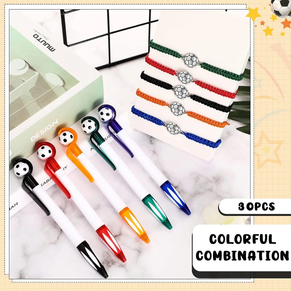 Sports Themed Party Gift Set Football Themed Adjustable Bracelet Ballpoint Pen for Children and Youth Team Members 30