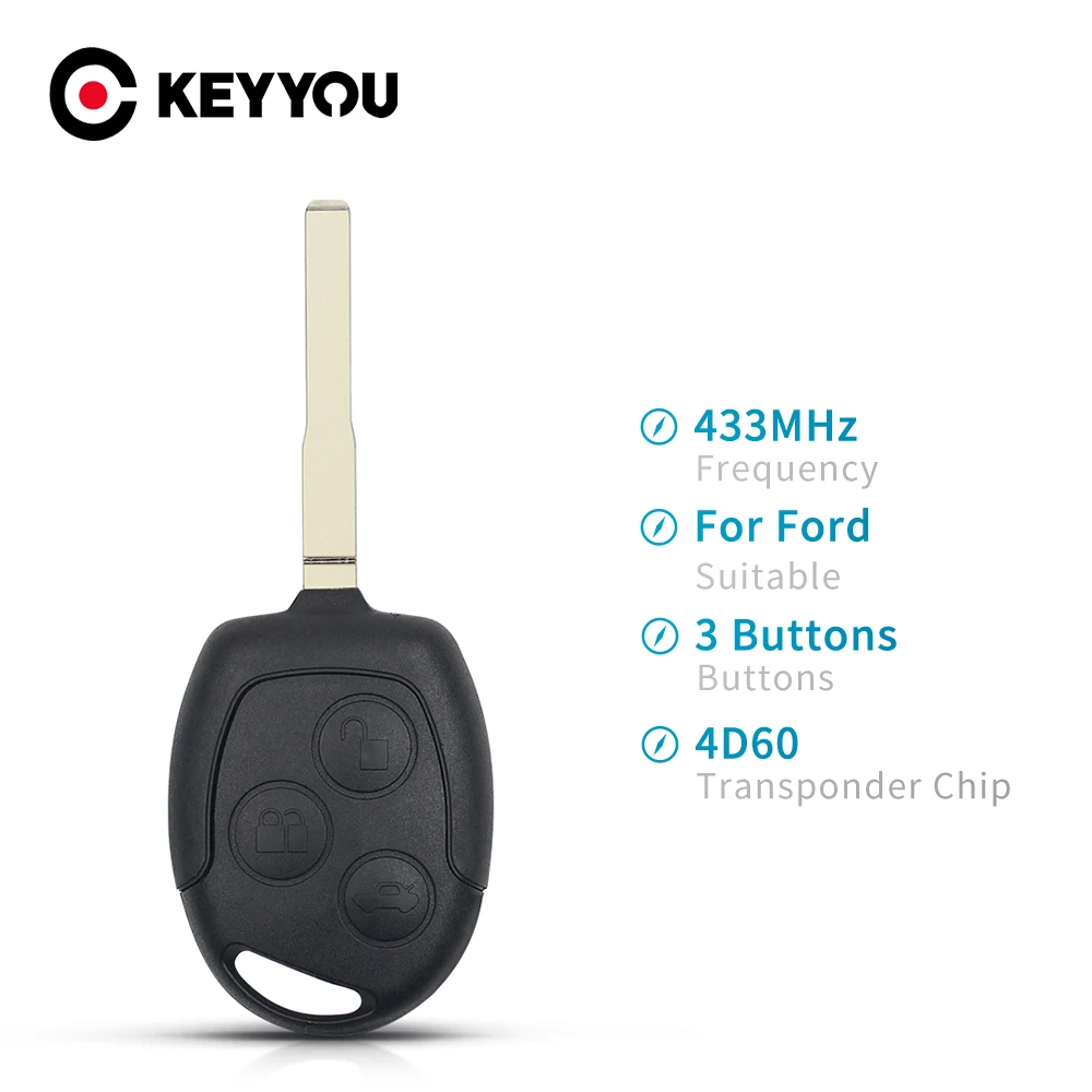 

KEYYOU для Ford Focus Fiesta Fusion Mondeo Galaxy C-Max S-Max ID60 4D63 чип 3 кнопки дистанционный Автомобильный ключ 433 МГц