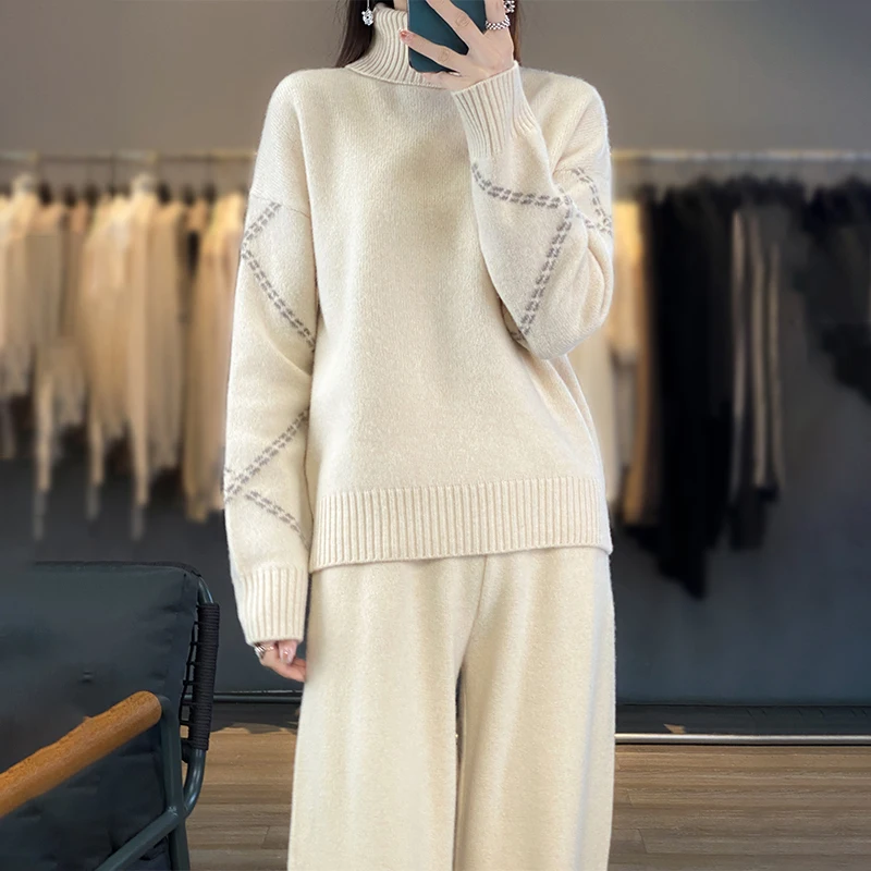 Women Suits 100% Wool Knitting Pant Ladies Sweater+Wide Leg Pants Autumn Winter Solid Color Soft Warm Pullovers for Female YP01 5