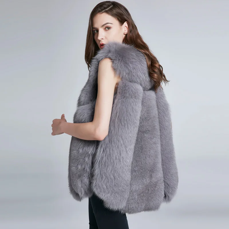Fox Fur Grass Vest Women's Mid Length True Fur Grass Coat Sleeveless Autumn/Winter Warm Coat Women