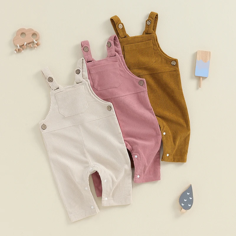 

2024-05-05 Lioraitiin Summer Baby Boys Girls Overalls Sleeveless Solid Color Square Neck Corduroy Jumpsuit