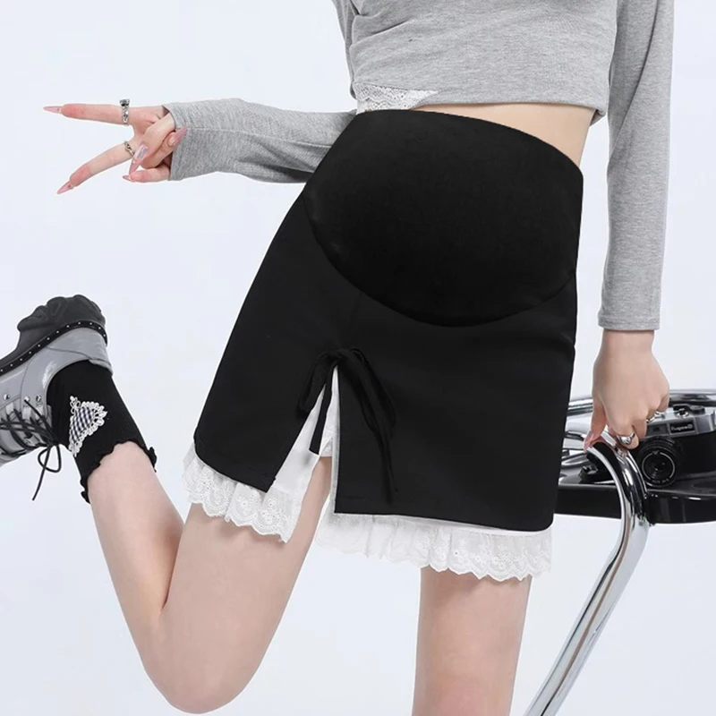 Summer Pregnant Woman Suit Skirts Lace Hem Patchwork Side Split Irregular Maternity Belly Skirt with Lining Pregnancy Skirt