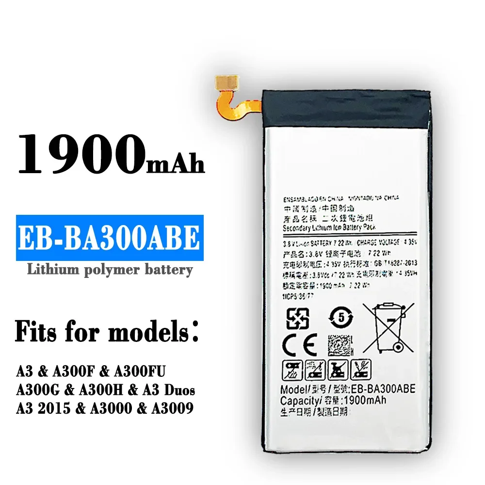 

EB-BA300ABE Top Quality Replacement Battery For Samsung Galaxy A3 DUOS A300 A3009 A300X SM-A300F SM-A300FU A3000 1900mAh