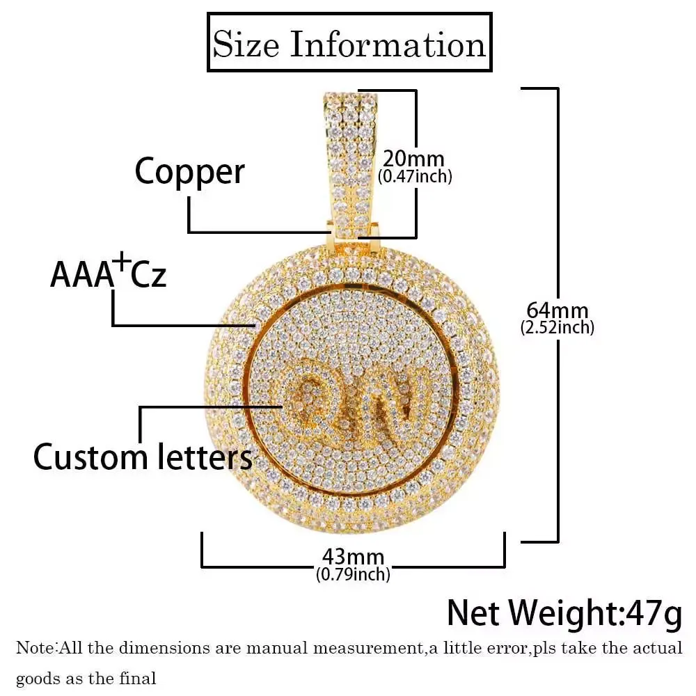 Iced Out Rotating Letter Round Shape Custom Pendant Zircon Personalized Name Initial Pendant Necklace