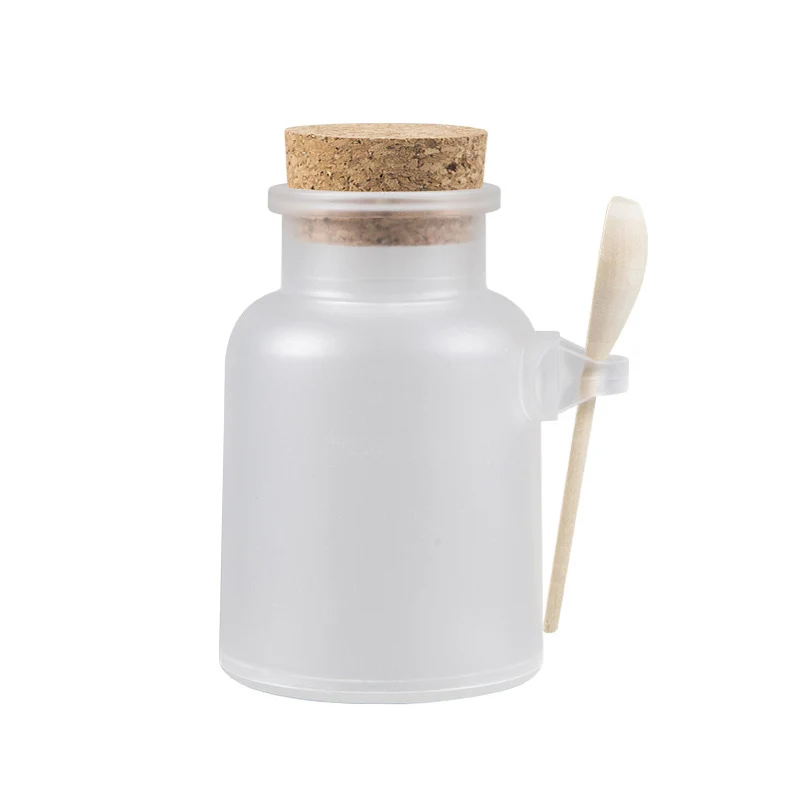 Empty Bath Salt Bottle Plastic Matte Cork Jar Mask Scrub Facial Cream Powder Container Refillable Durable Bottle with Wood Spoon