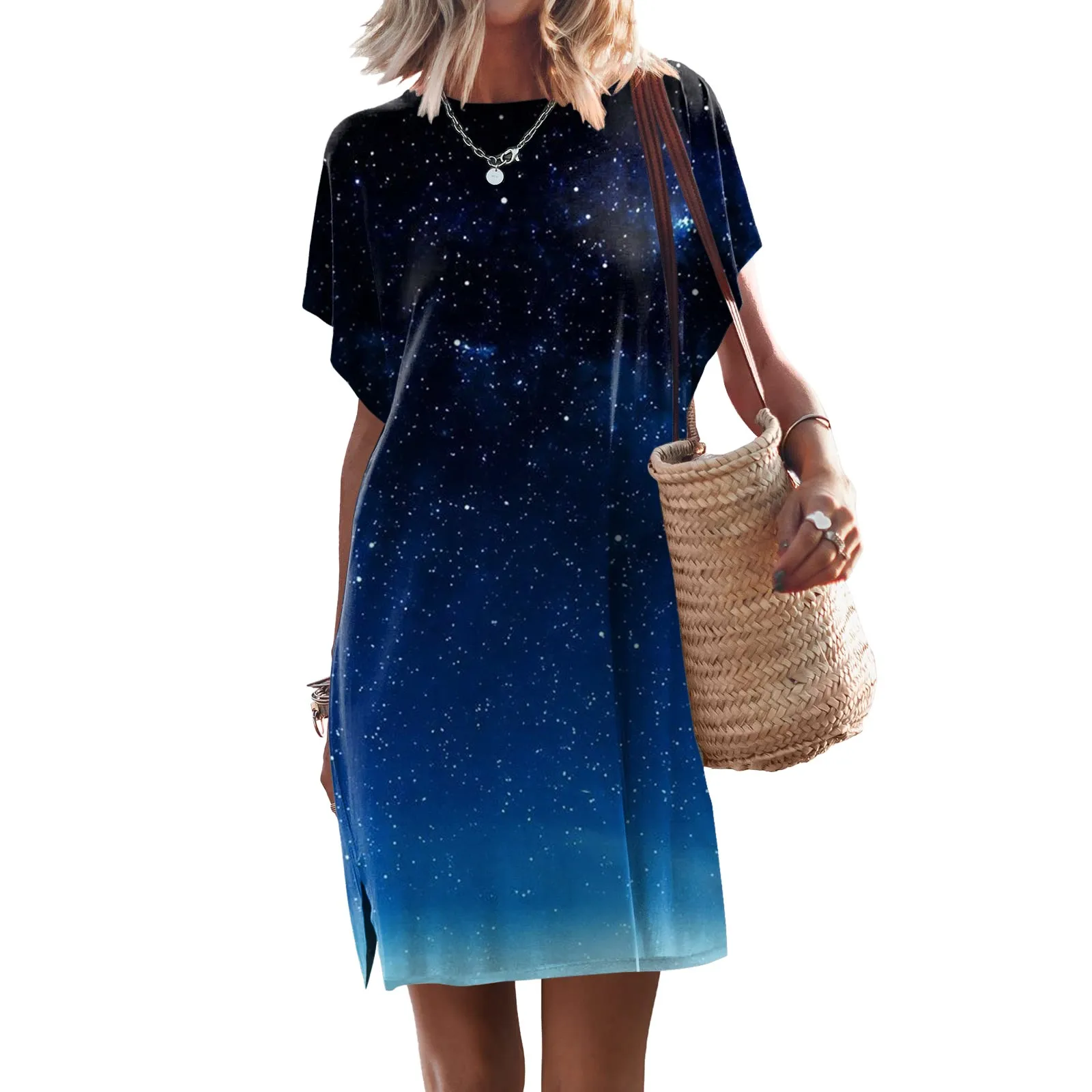 

Summer Elegant Batwing Short Sleeve Split Shirt Dress For Women Sexy Casual Mini Dresses Vacation Beach Party Lady Vestidos