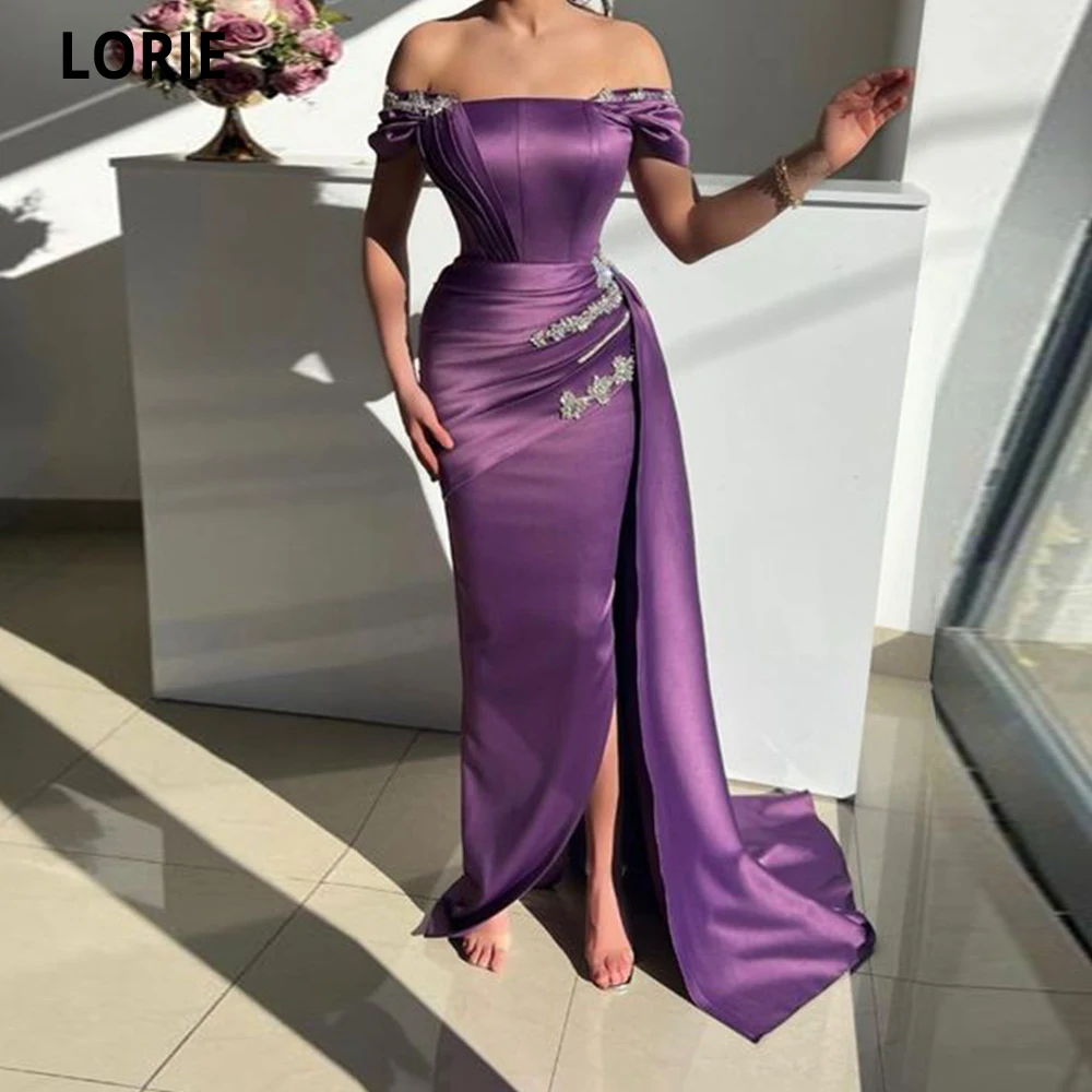 

LORIE Elegant Satin Prom Dresses Purple Leg Slit Mermaid Evening Gowns Sparkly Crystals Party Dress Vestidos De Ocasión Formales