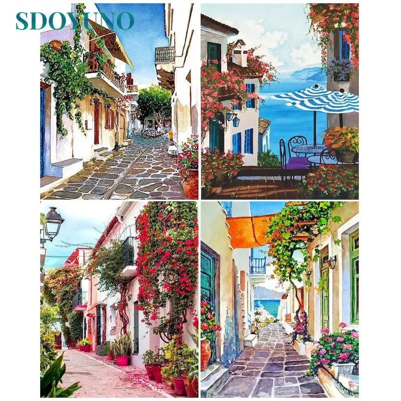 

SDOYUNO 40*50cm Oil Painting By Numbers HandPainted on Canvas Acrylic Color Picture Alley with Flower Special Wall Artwork Gift