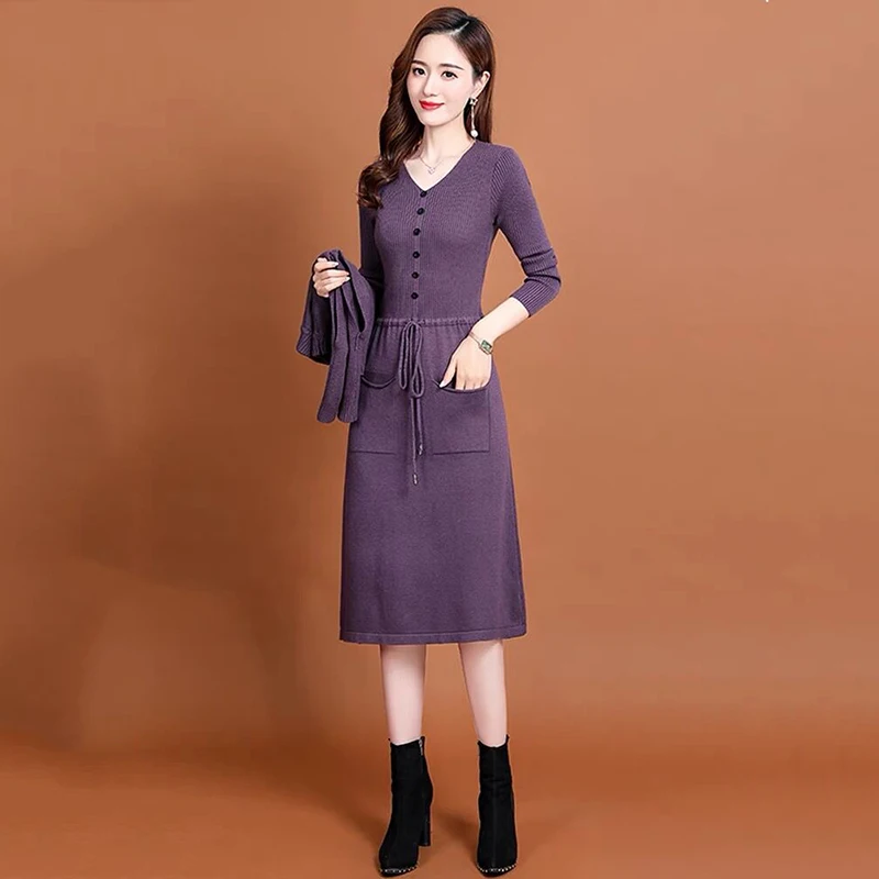 Office Lady Elegant Knitted Two Peice Suit 2023 Korean Fashion Women Short Sleeve Pullover Vest +Lace Up Waist Sweater Dress Set
