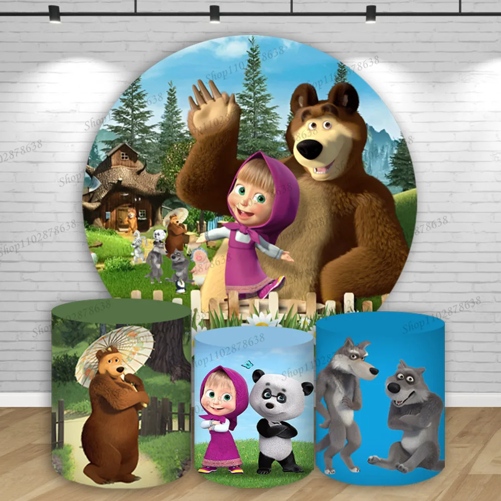 Mashas And The Bear Background Round Girl Baby Forest Birthday Party Event Wall Background Cilindro Circolare Striscione Elastico Decor