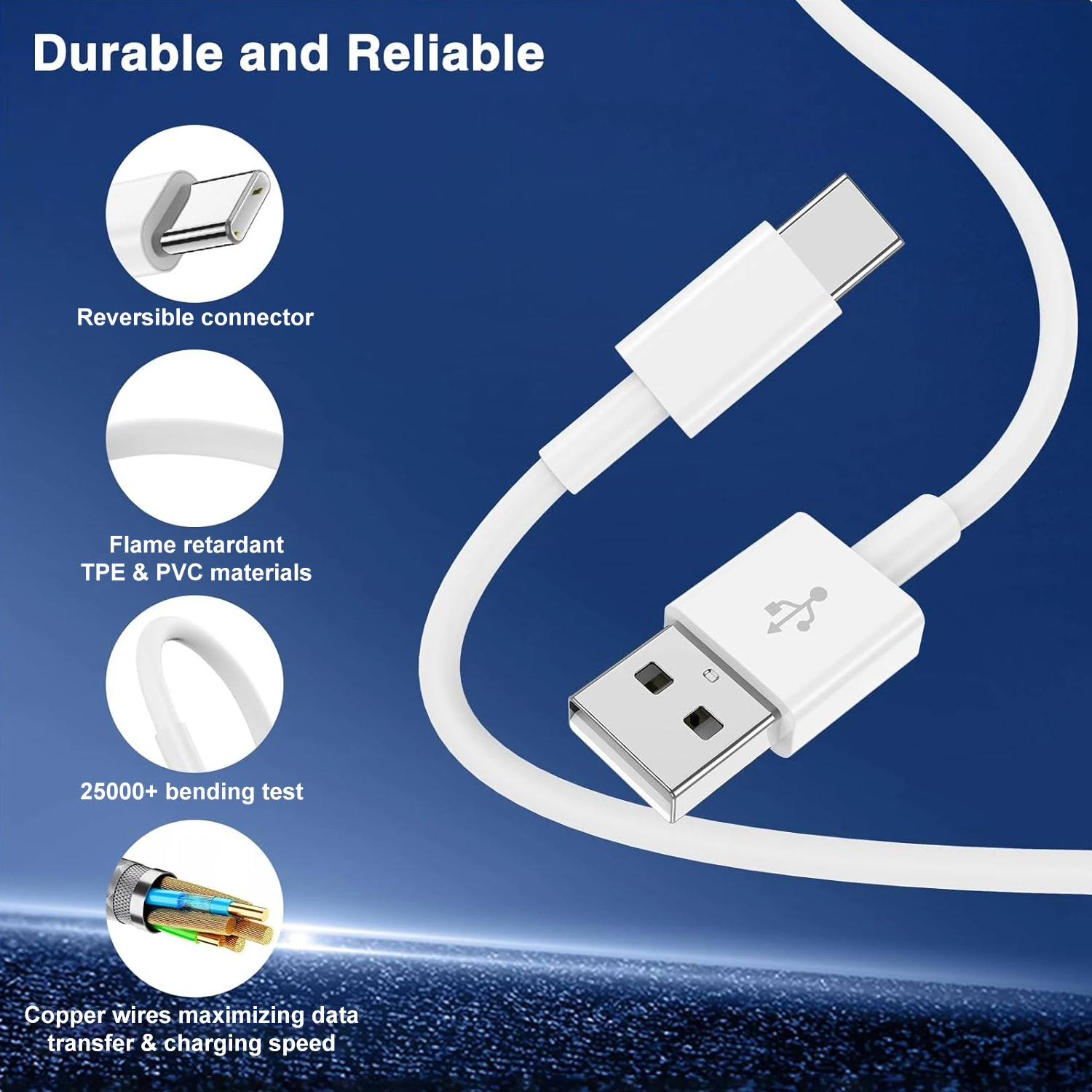 High-Speed USB to Type C Fast Charging Cable, 2.4A Super Charger Data Cord