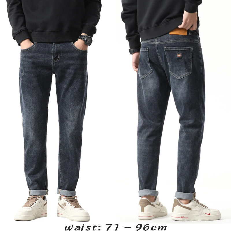 High quality long straight jeans for men big size stone wash cotton denim stretch fabric trousers new 2024 clothing - dark blue