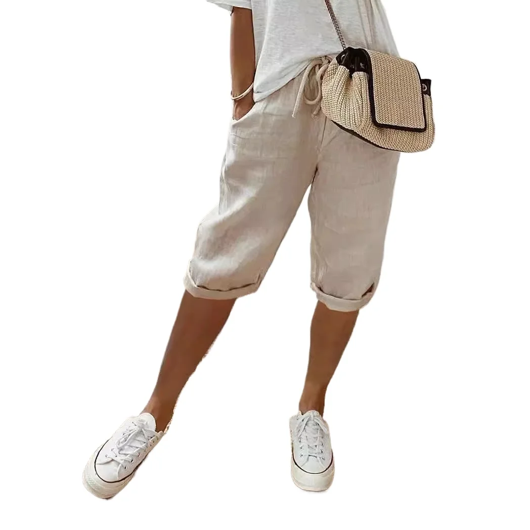Somenie Women Cotton Linen Elastic Waist Shorts Casual Pocket 5 Points Cropped Pants 1