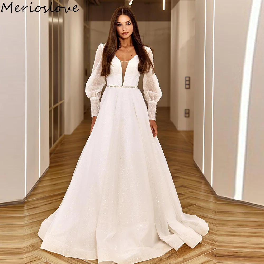 

Merioslove Glitter Wedding Dresses V-Neck Long Sleeves A-Line Shiny Bridal Gowns Sparkly Bride Dress свадебное платье 2024