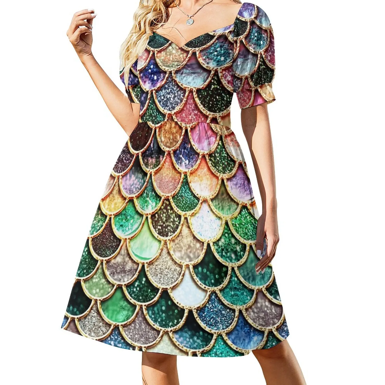 

Copper Green Gold and Pink Sparkle Faux Glitter Mermaid Scales Sleeveless Dress Woman clothing