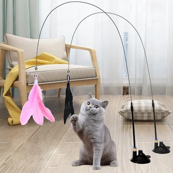 1Pc Cat Teasers Stick Interactive Toys Pet Feather Bell For Cat Exercise Self-Entertainment，kitten With Suction Cup Teaser Stick