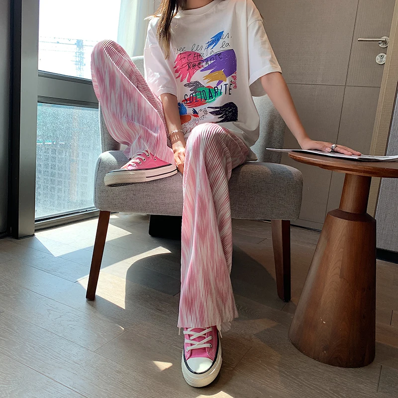 

2024 Women Spring Summer New Thin Loose Straight Pants Female Tie-dyed Casual Trousers Ladies High Waist Wide-leg Pants C82