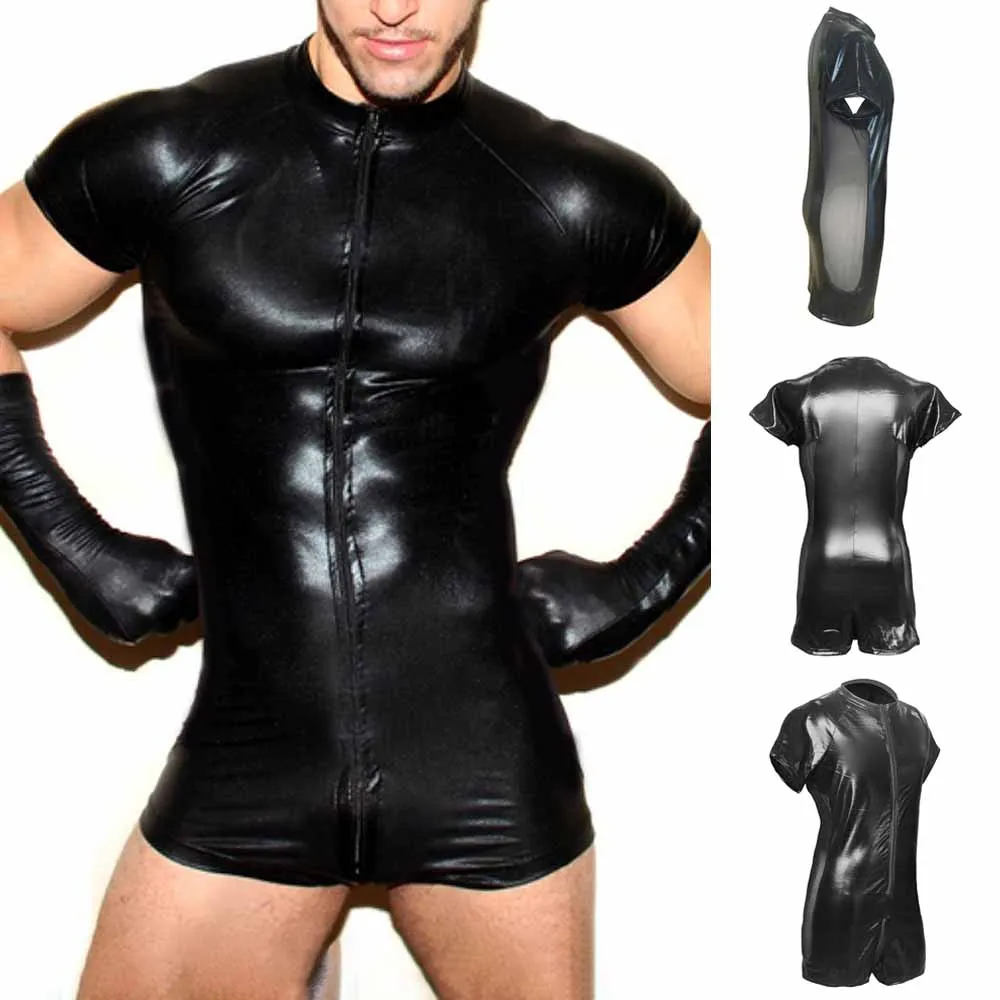 Mens Rompers Mesh Patent Leather Sexy Mens Wet Look Patent Leather Pouch Zip Short Jumpsuit Bodysuit Clubwear Costume Leotard