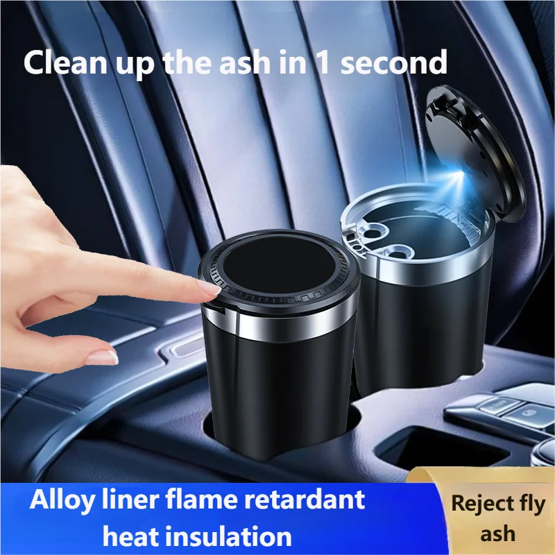 Portable Can LED Ashtray Smokeless Auto Cigarette Ash Holder Lid Detachable Metal Lining One-Click Push Open Splash-Proof