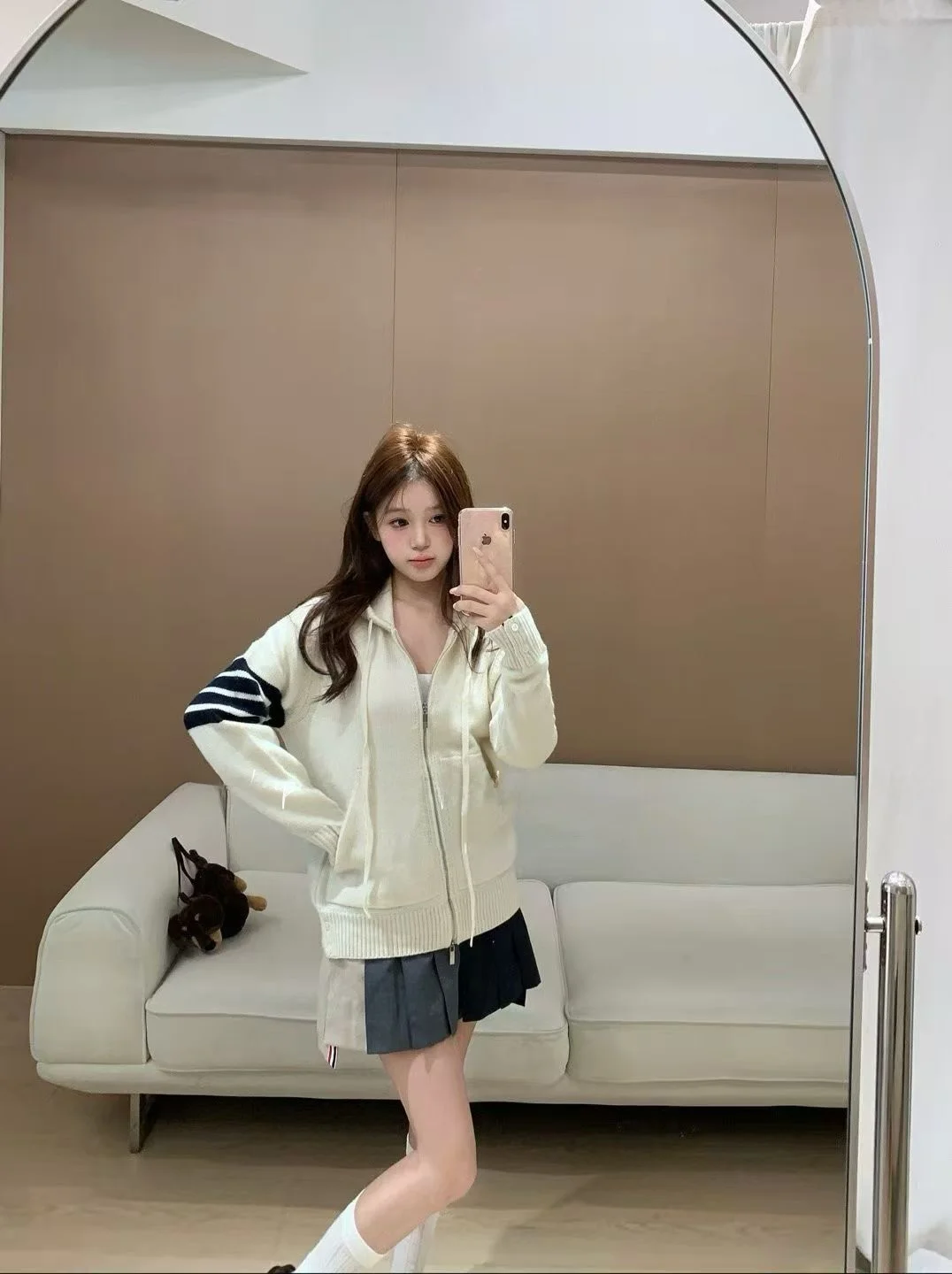 헤비 니트 지퍼 후드티 강아지 스웨터 클래식 네 줄무늬 뒷면 자수 캐주얼 루즈핏 긴팔 두꺼운 가디건