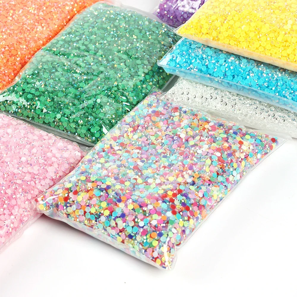 젤리 컬러 AB 투명 AB 플랫 백 송진 라인석 네일 아트 의류 장식, 대량 도매, 2mm,3mm,4mm,5mm,6mm 면