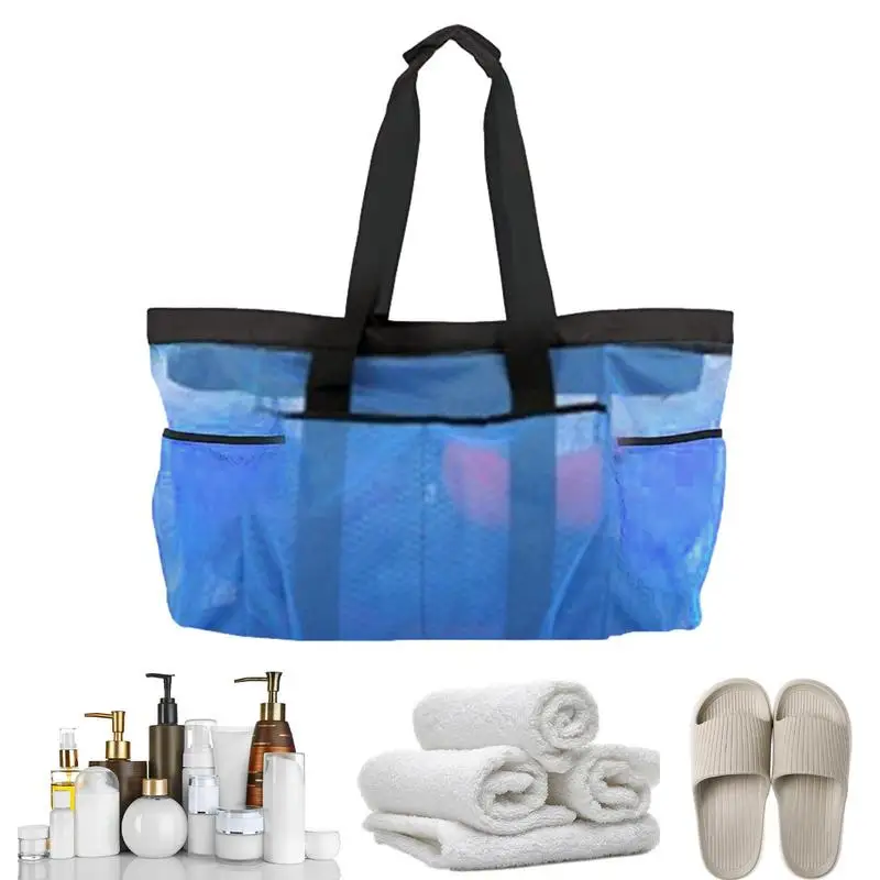 

Большая пляжная сумка с карманами, водонепроницаемая пляжная сумка-тоут, 8 карманов, нейлоновая пляжная сумка для полотенец с внешней молнией, сетчатая пляжная сумка