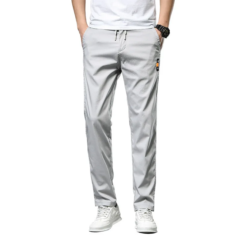Summer Lightweight Casual Pants Men Gray Ice Silk Straight Elastic Waist Trousers