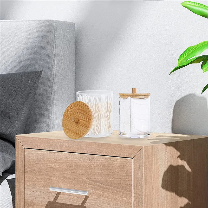 Makeup Cotton Pads Swab Storage Bin Case Cosmetics Organizer Box with Bamboo Cover for Women Makeup Holder Supplies 4
