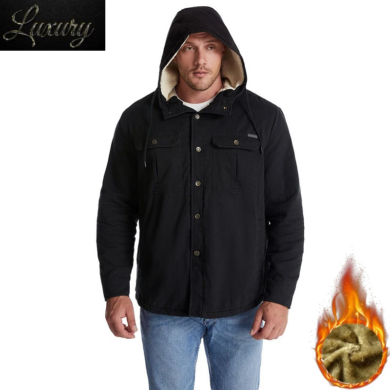 

2023 New Autumn Winter Men Jacket Warm Add Fleece Lined Parka Male Thick Coat Hooded Zipped Plus Size USA Windbreaker Black Gray