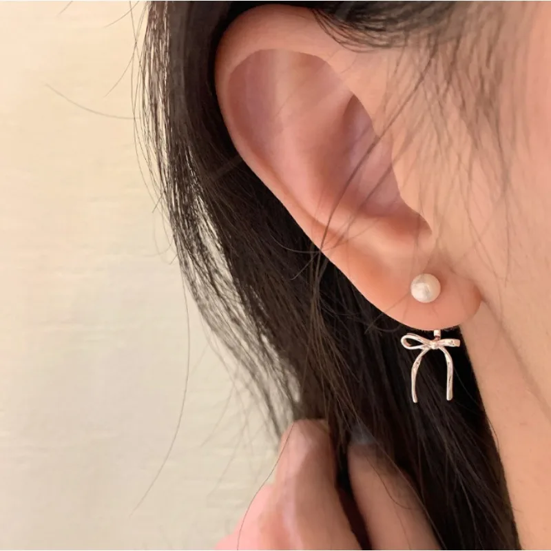 New Sweet Cute Bow Knot Stud Earrings for Women Girls Silver Color Simple Minimalist Ear Clip Aesthetic Jewelry Gift