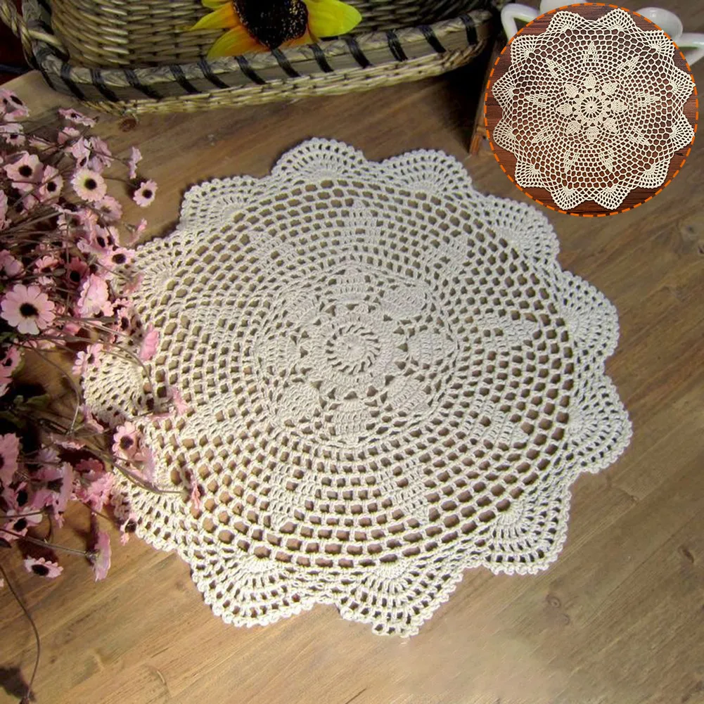 Vintage Round Lace Table Cloth Flower Tablecloth Handmade Cotton Doily Mats Home Decor White/Beige 40cm Diameter