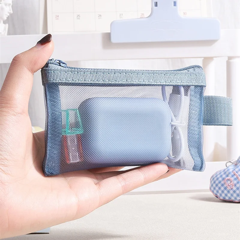 Portable mini zipper mesh storage bag 1PC coin purse small square travel storage carry pouch