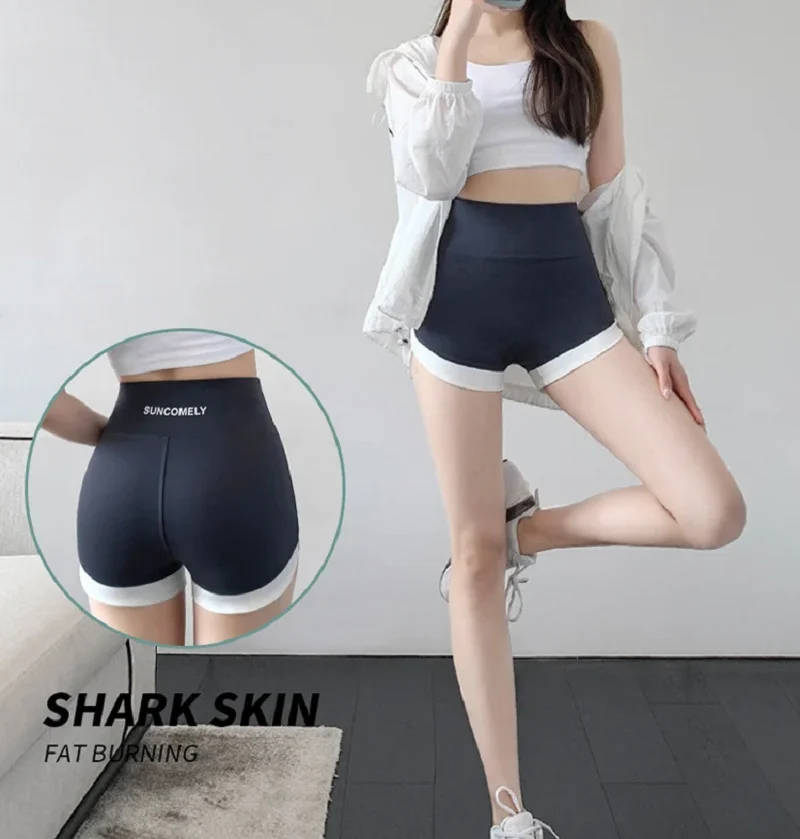 Sports shorts summer seamless mini shark shorts women thin high waist white edge contrast color sexy casual sport short safety shorts