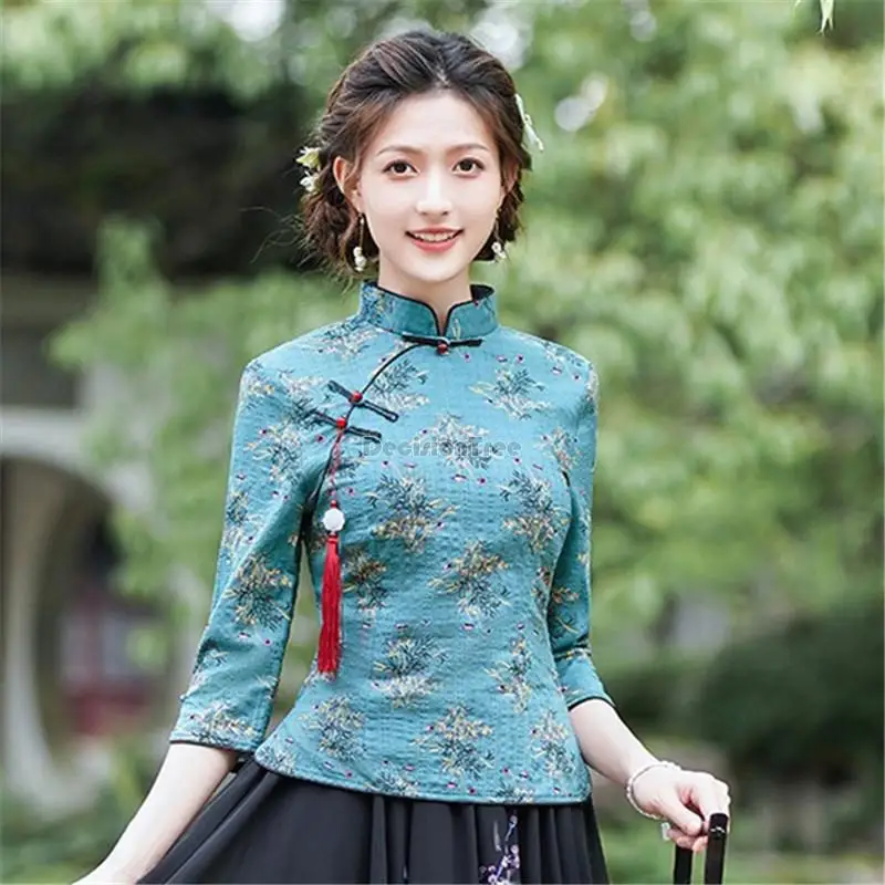 Shanghai Story Chinees cheongsam-hemd, korte mouwen, Chinese blouse voor dames, blauw, groot
