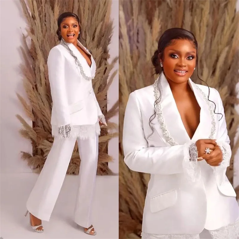 

Luxury Wedding Tuxedo Women Suits Set Blazer+Pants 2 Pcs Beaded Lace Jacket Cotton One Button Coat Custom Made Prom Dress